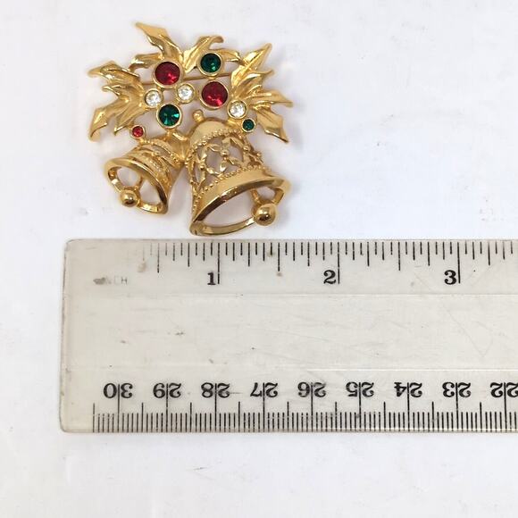 VTG Avon Jewelry Christmas Brooch Bells Gold‎ Tone Red Green Clear Rhinestones - Picture 6 of 6